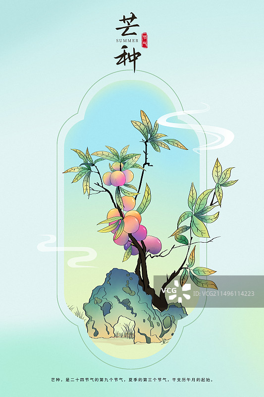 中国风二十四节气系列插画海报模版-夏天 工笔写意画 假山旁边的李子树 古风窗口小清新插画 竖版图片素材