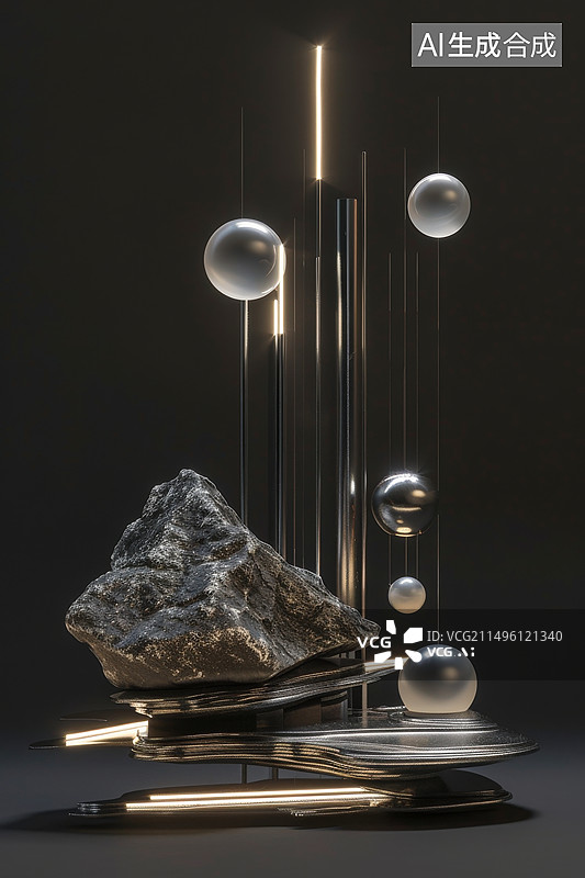 【AI数字艺术】金属岩石和灯光组成的抽象雕塑装置艺术图片素材