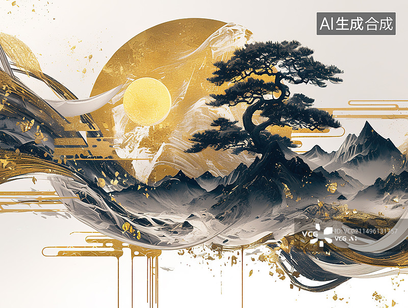 【AI数字艺术】烫金水墨风山水插画图片素材