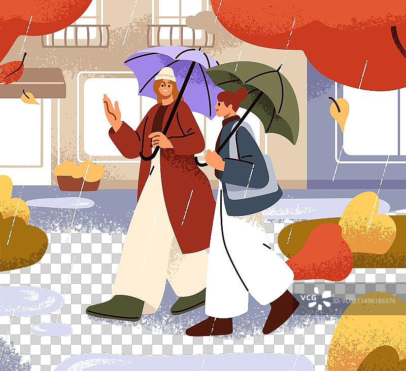 女生朋友们在雨天里一起快乐地散步图片素材