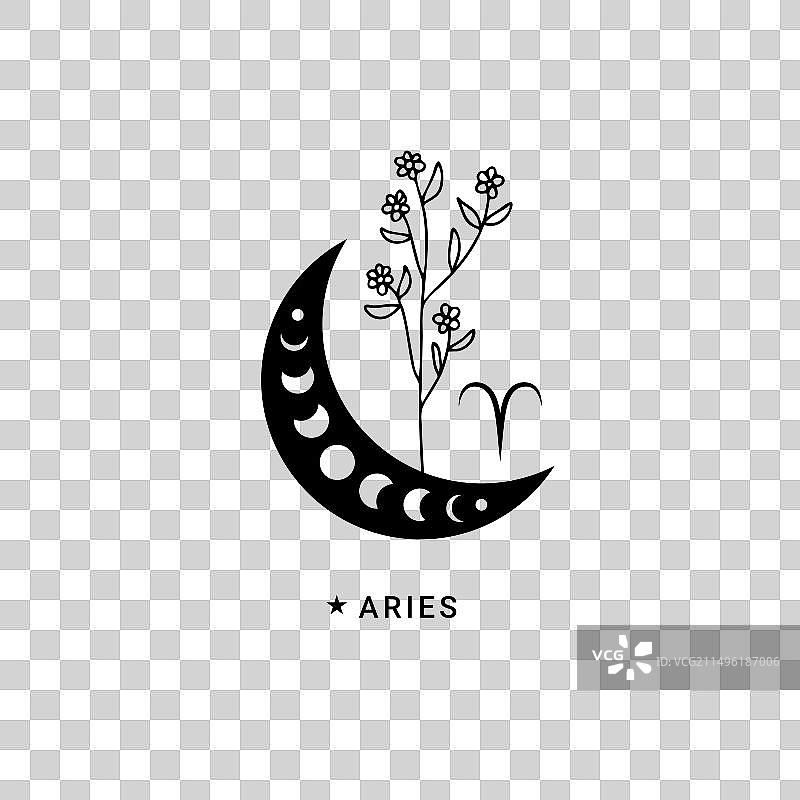 带有月相和花朵的白羊座标志图片素材