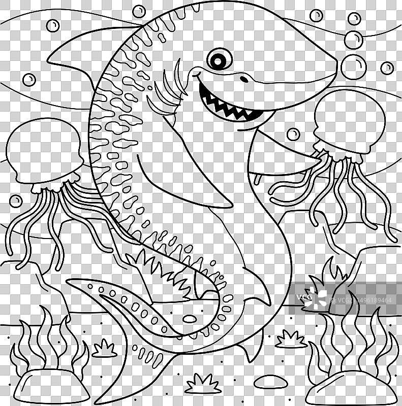 儿童老虎鲨鱼涂色页图片素材