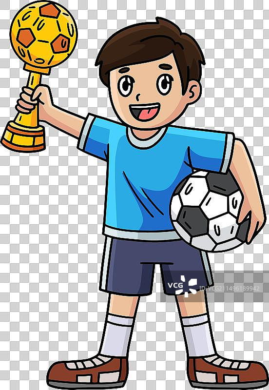 手拿足球奖杯的男孩卡通彩色剪贴画图片素材