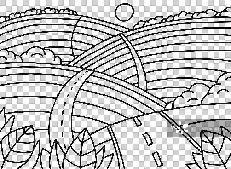 带道路涂鸦线的丘陵景观图片素材