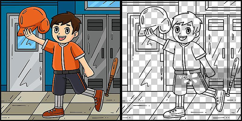戴着棒球头盔的男孩填色图片素材
