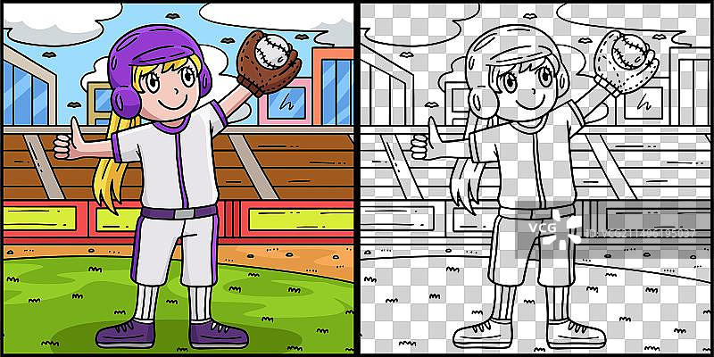 挥手的棒球女孩投手着色图图片素材