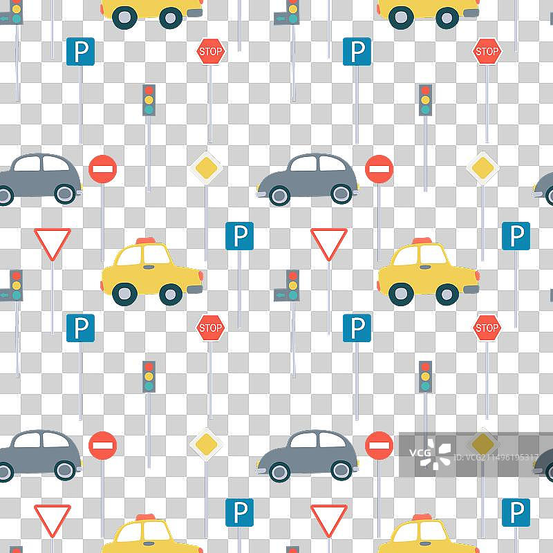 扁平风格汽车和道路标志无缝图案图片素材