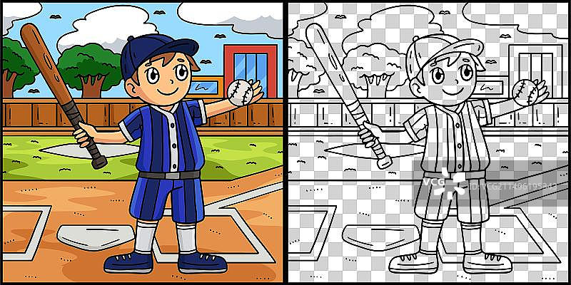 戴着棒球头盔的男孩填色图片素材