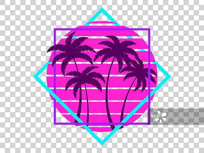 80年代日落时分的复古科幻棕榈树图片素材