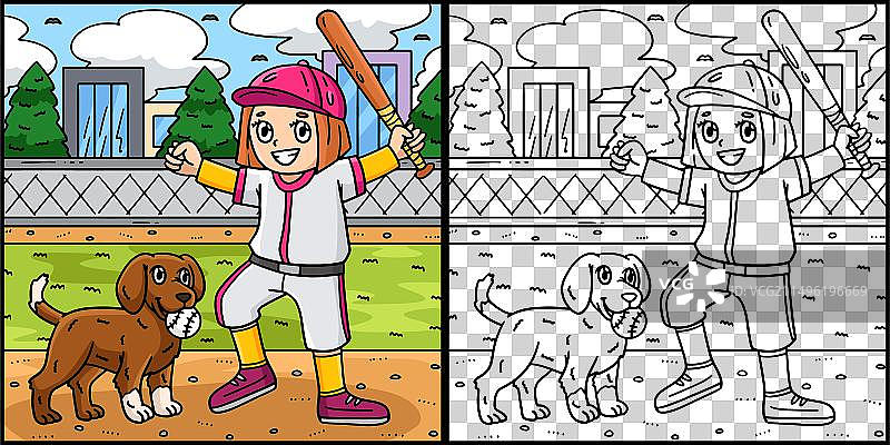 女孩和狗一起玩棒球图片素材