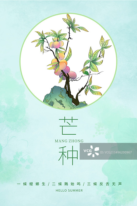 中国风二十四节气窗口插画海报模版-夏天 工笔写意画 假山旁边的李子树 植物小清新水彩画背景 竖版图片素材