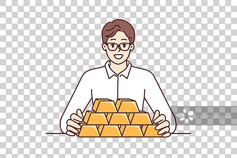 坐在桌子旁的拿着金条的商人图片素材