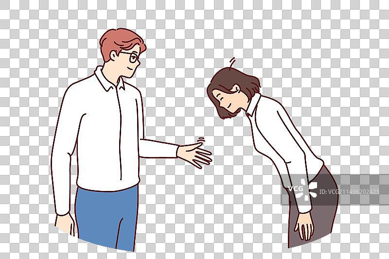 年轻商人向鞠躬的女人伸出手图片素材