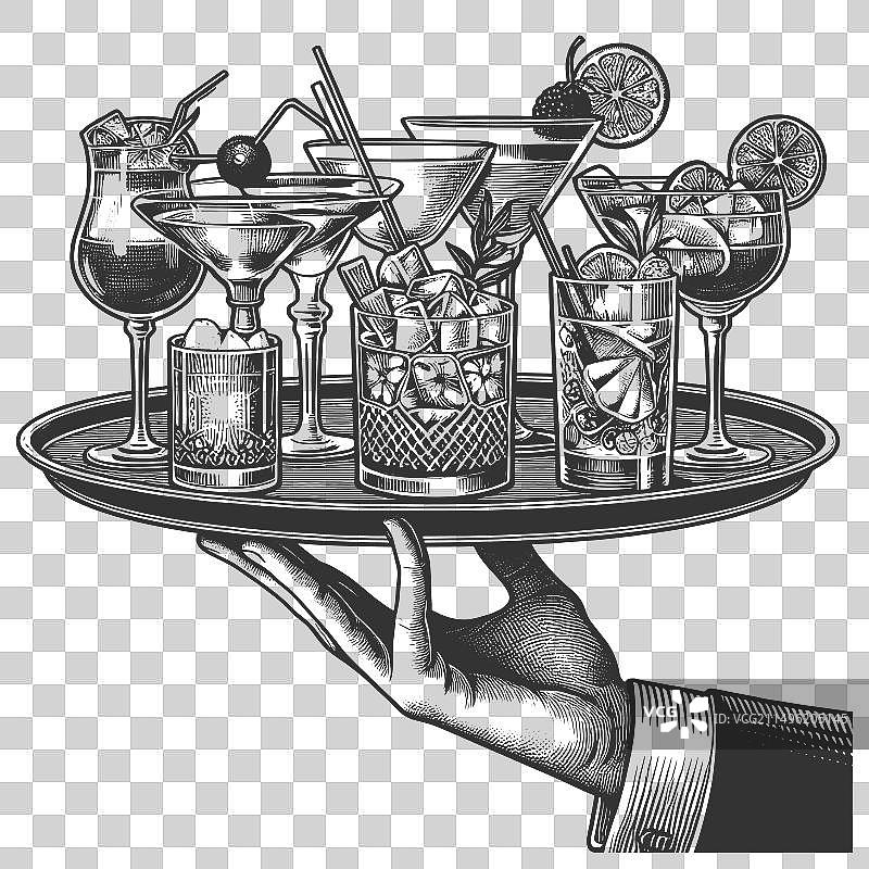 手持复古鸡尾酒托盘素描图片素材