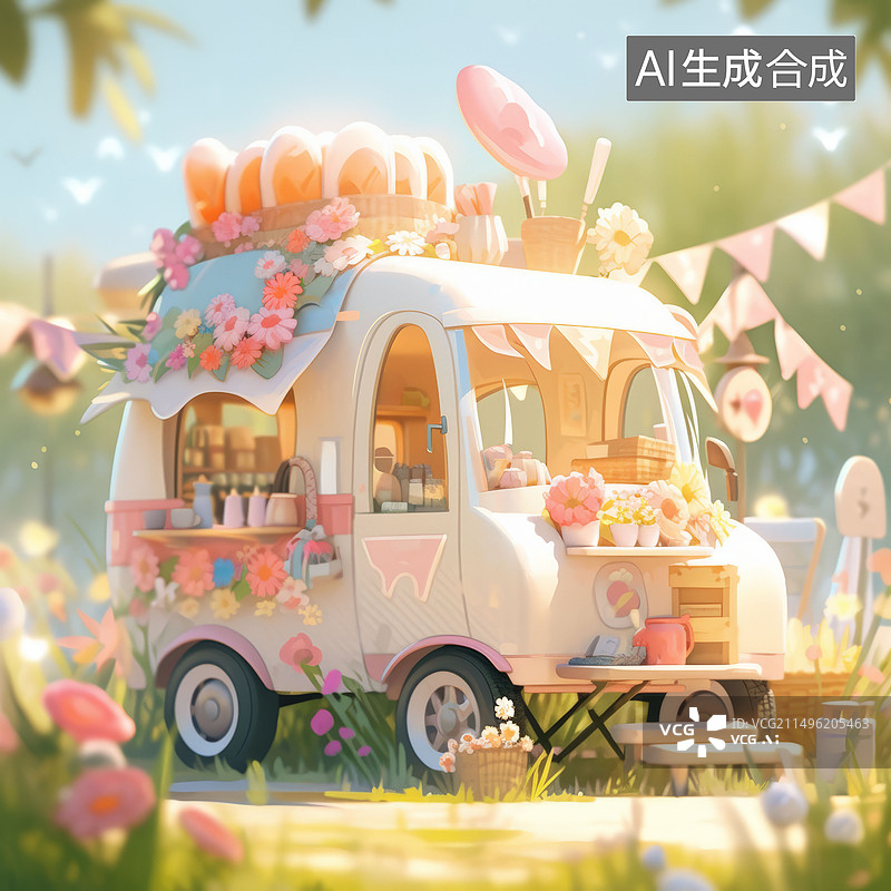 【AI数字艺术】3D卡通风格露营小汽车插画图片素材