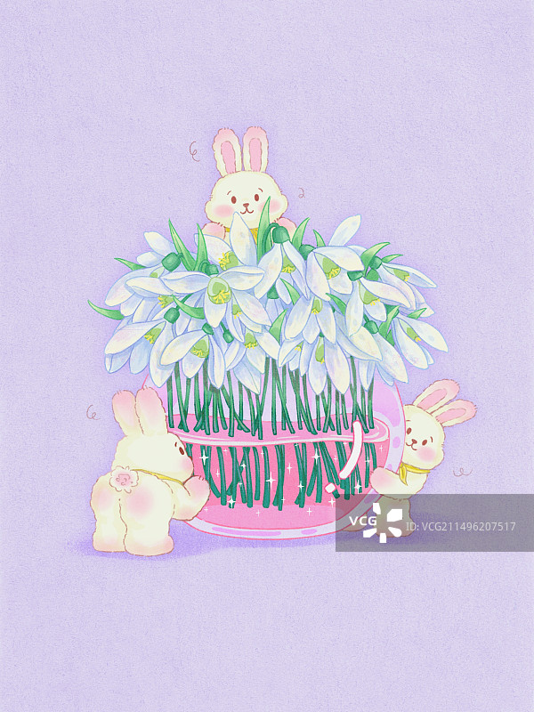 小兔子看雪滴花图片素材