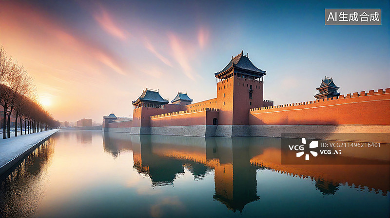 【AI数字艺术】夕阳下的城墙图片素材