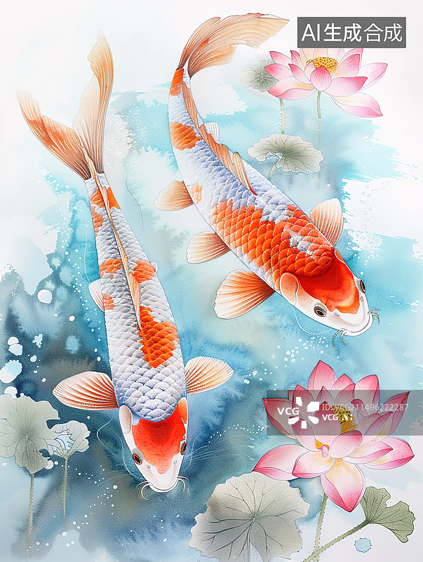 【AI数字艺术】中国风锦鲤在池塘里游泳水墨画插画图片素材