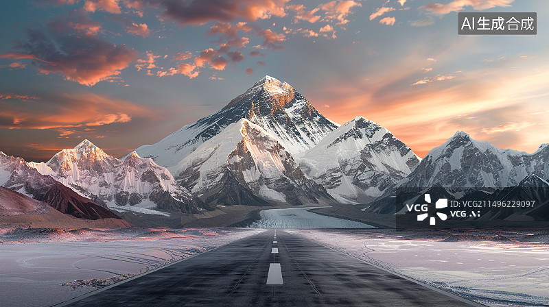 【AI数字艺术】日落雪山山脉道路背景图片素材