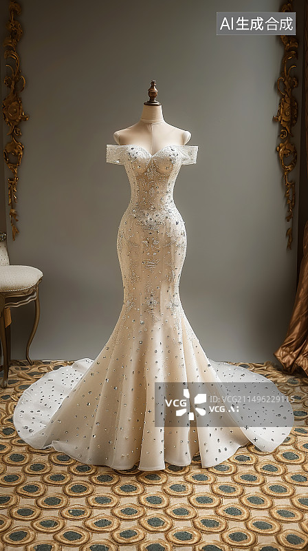 【AI数字艺术】奢华露肩美人鱼风格白色婚纱特写图片素材