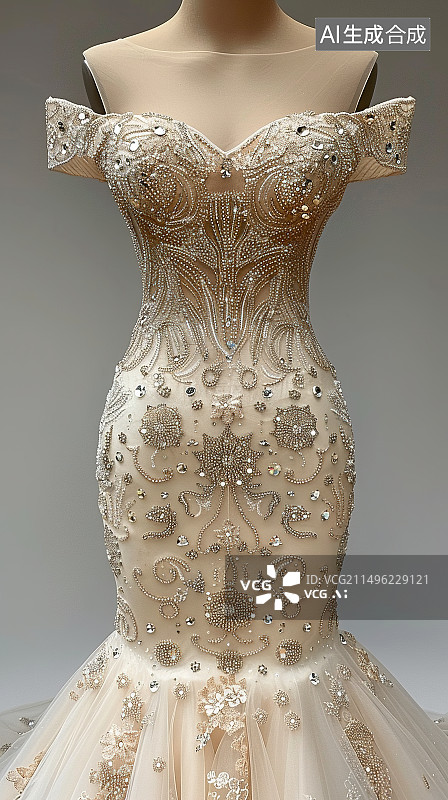 【AI数字艺术】奢华露肩美人鱼风格白色婚纱特写图片素材