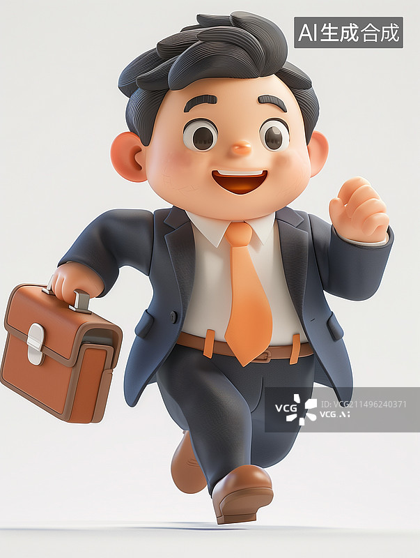 【AI数字艺术】白色背景下手拿包奔跑的可爱的3D商务男士全身像图片素材