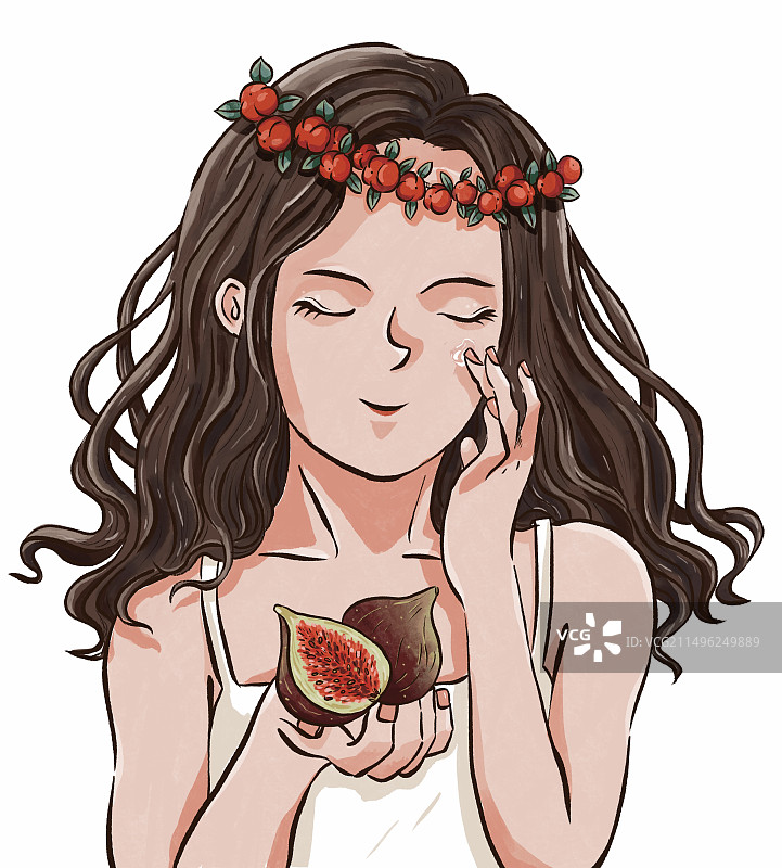 手绘风格享受护肤过程的青春少女图片素材