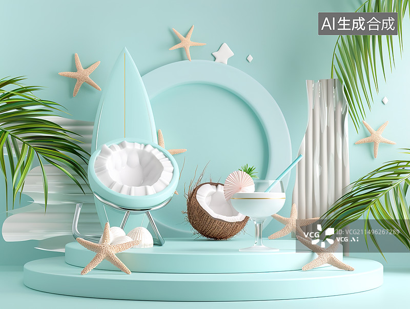 【AI数字艺术】夏日 海滩 椰子产品展台 电商图片素材