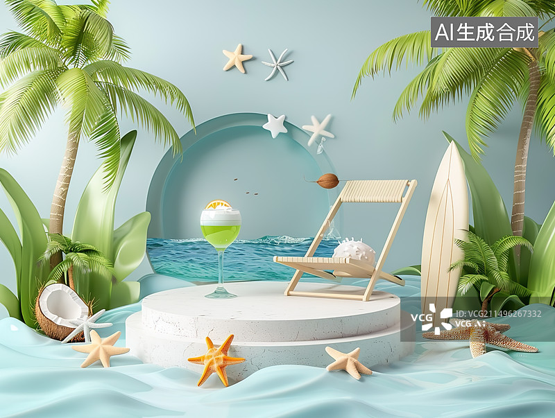 【AI数字艺术】夏日 海滩 椰子产品展台 电商图片素材
