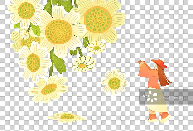 女生对着小雏菊开心拍照留念手绘插画图片素材