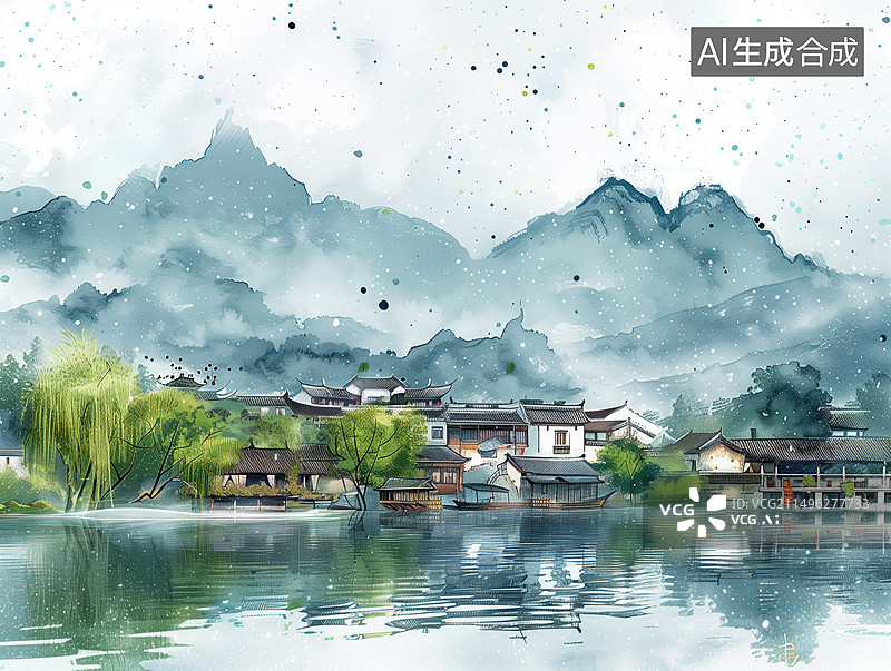 【AI数字艺术】水彩画风格的江南水乡图片素材