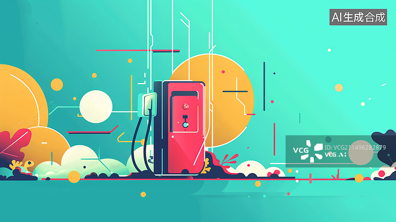【AI数字艺术】新能源车充电桩扁平化插画图片素材