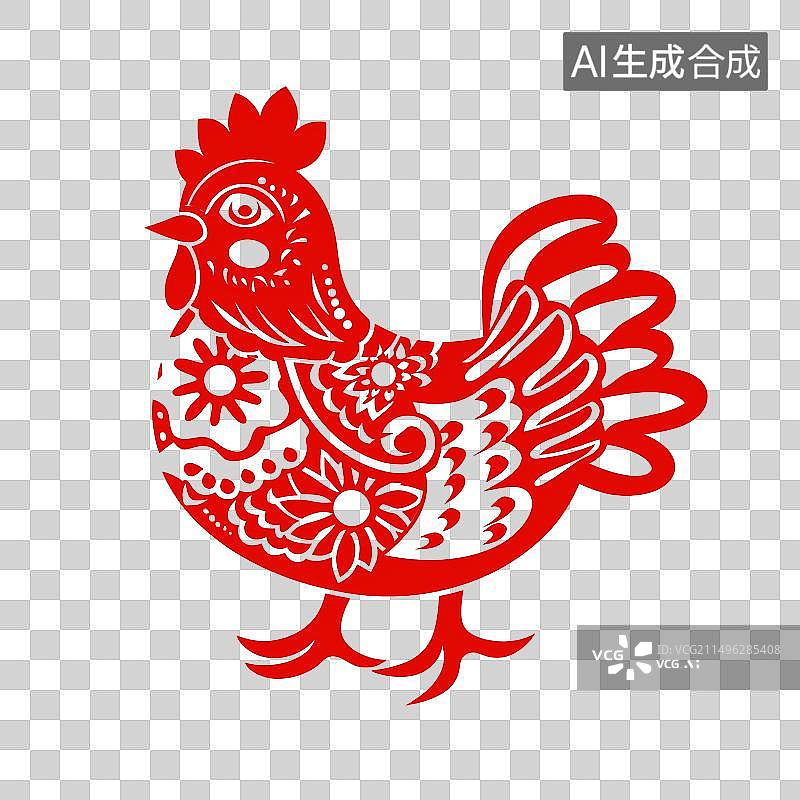 【AI数字艺术】中国红非遗剪纸风格十二生肖系列之酉鸡图片素材