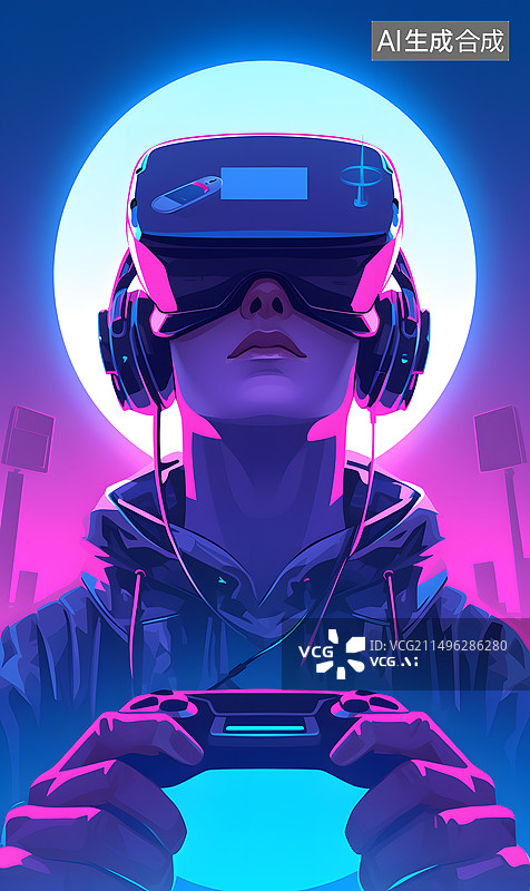 【AI数字艺术】戴着虚拟现实VR眼镜和耳机在打游戏的年轻男子插画图片素材