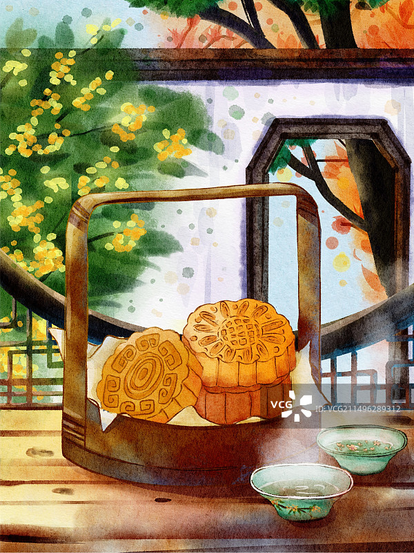 中秋节月饼水彩图片素材