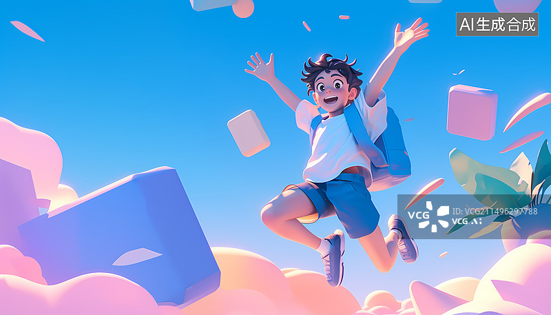 【AI数字艺术】一个背着书包的男孩跳跃书本云朵开学季3D插画图片素材