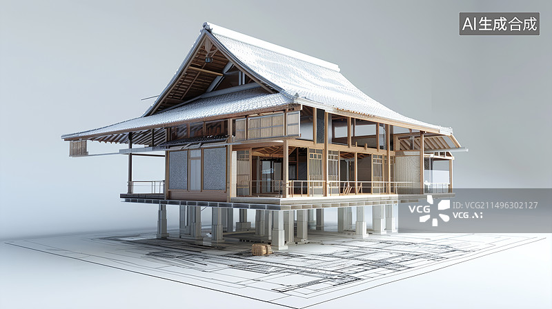 【AI数字艺术】图纸上的建筑模型图片素材