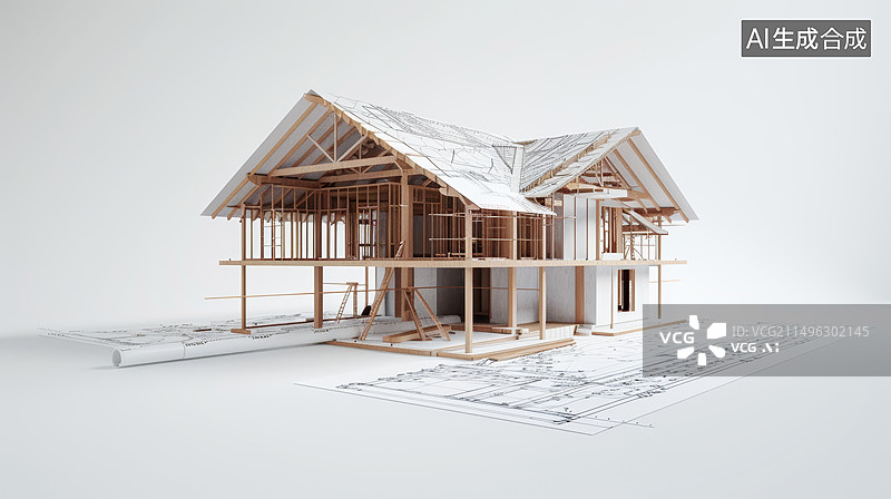 【AI数字艺术】图纸上的建筑模型图片素材