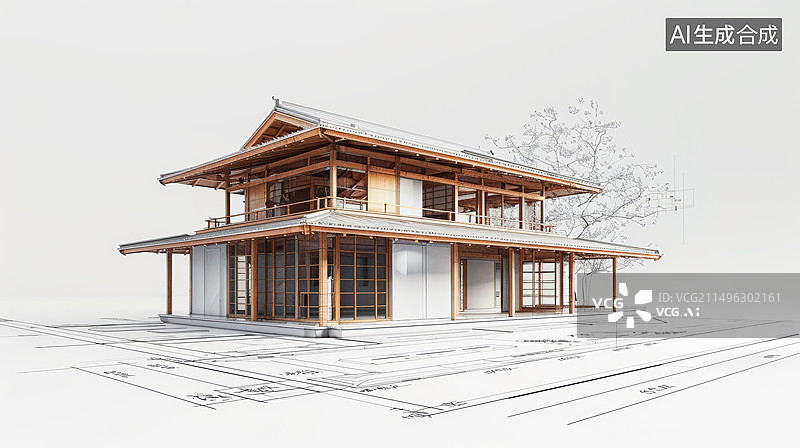 【AI数字艺术】图纸上的建筑模型图片素材