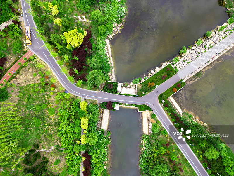 航拍视角：水库之畔，绿意盎然花满径图片素材