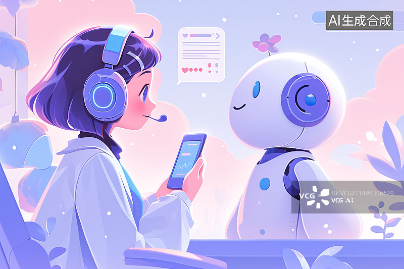 【AI数字艺术】智能Ai机器人帮助人类工作学习场景插画图片素材