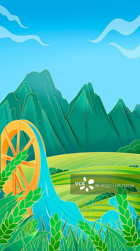 国潮风小满节气水车水稻创意背景图片素材