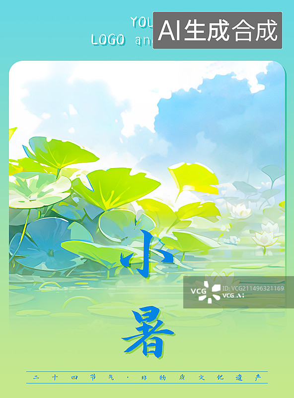 【AI数字艺术】小暑，夏天节气海报设计模板，美丽的自然风景插画图片素材