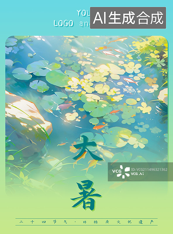 【AI数字艺术】大暑，夏天节气海报设计模板，美丽的自然风景插画图片素材