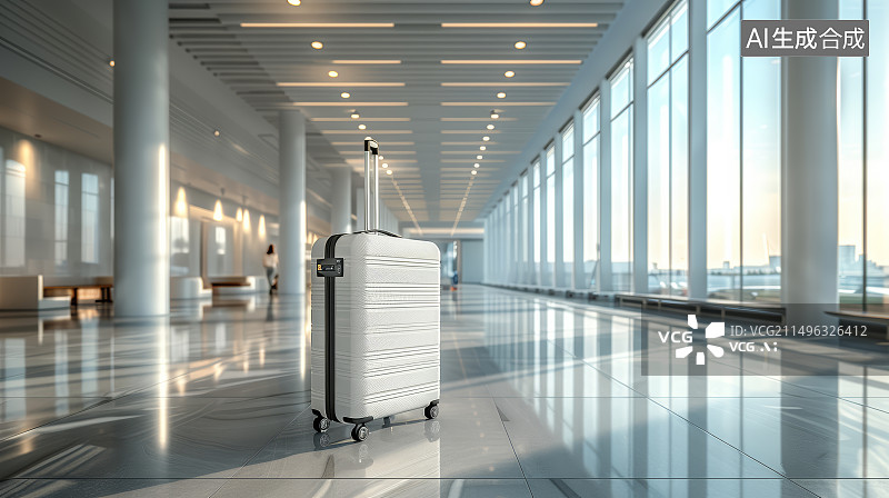 【AI数字艺术】机场候机室登机口的白色行李箱，旅游商务差旅概念图片素材