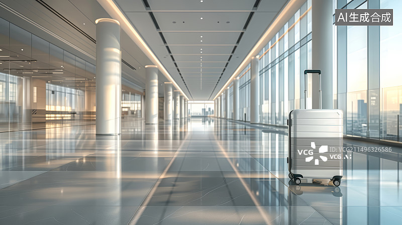 【AI数字艺术】机场候机室登机口的白色行李箱，旅游商务差旅概念图片素材