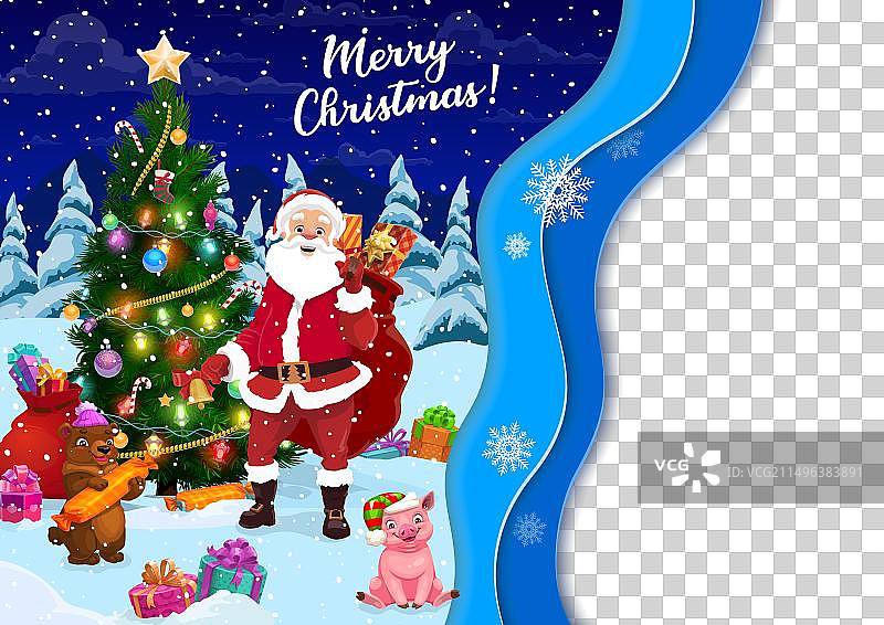 圣诞剪纸：圣诞老人与松树图片素材