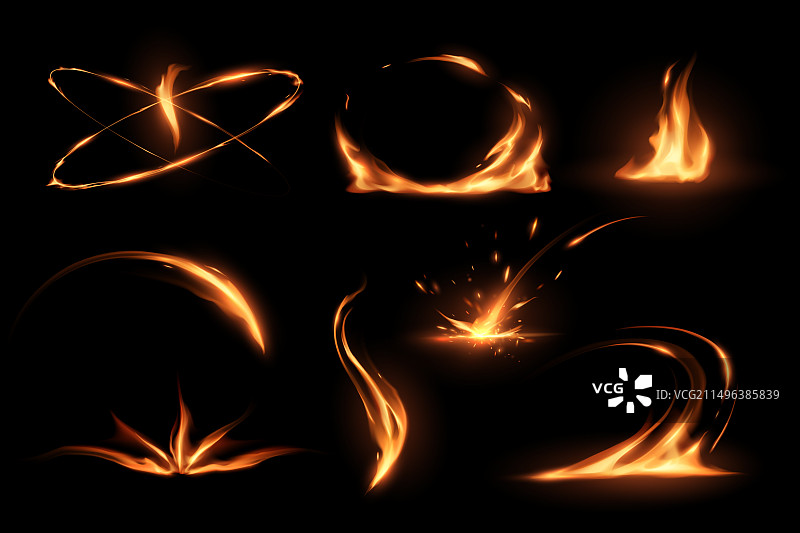 黑色背景上的火焰集合图片素材