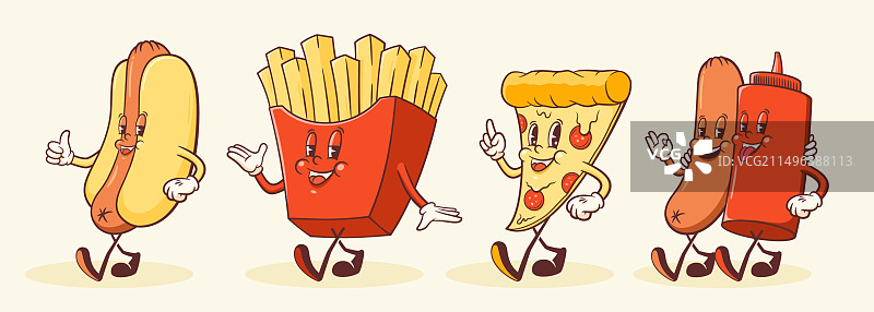 时髦的比萨热狗和炸薯条卡通形象图片素材
