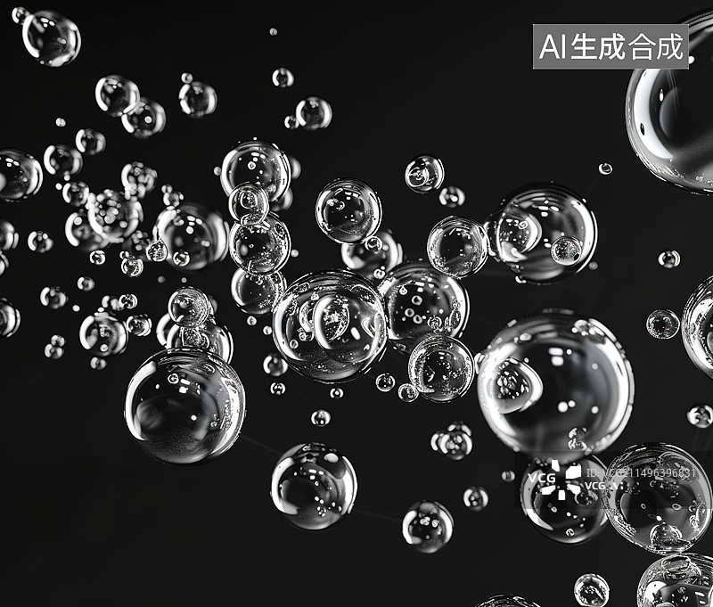 【AI数字艺术】黑色背景上的气泡特写镜头图片素材